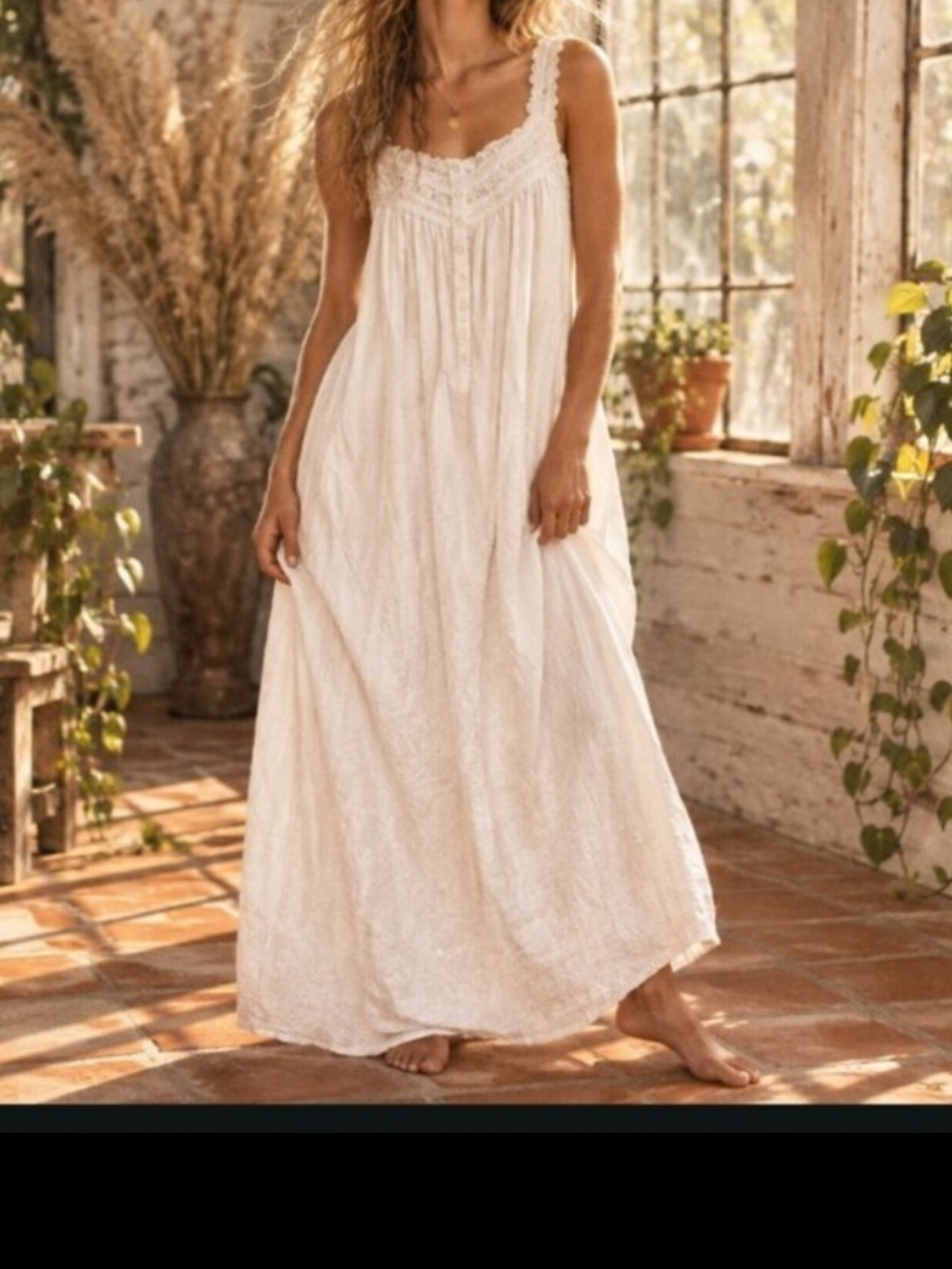 Eileen West Cream Lace-Trim Maxi Nightgown